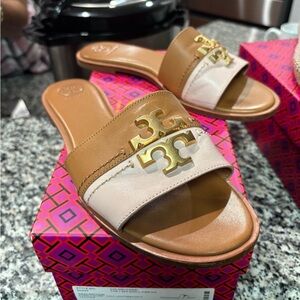 Tory Burch Two-Tone Tan and Cream Logo Slide Sandals
